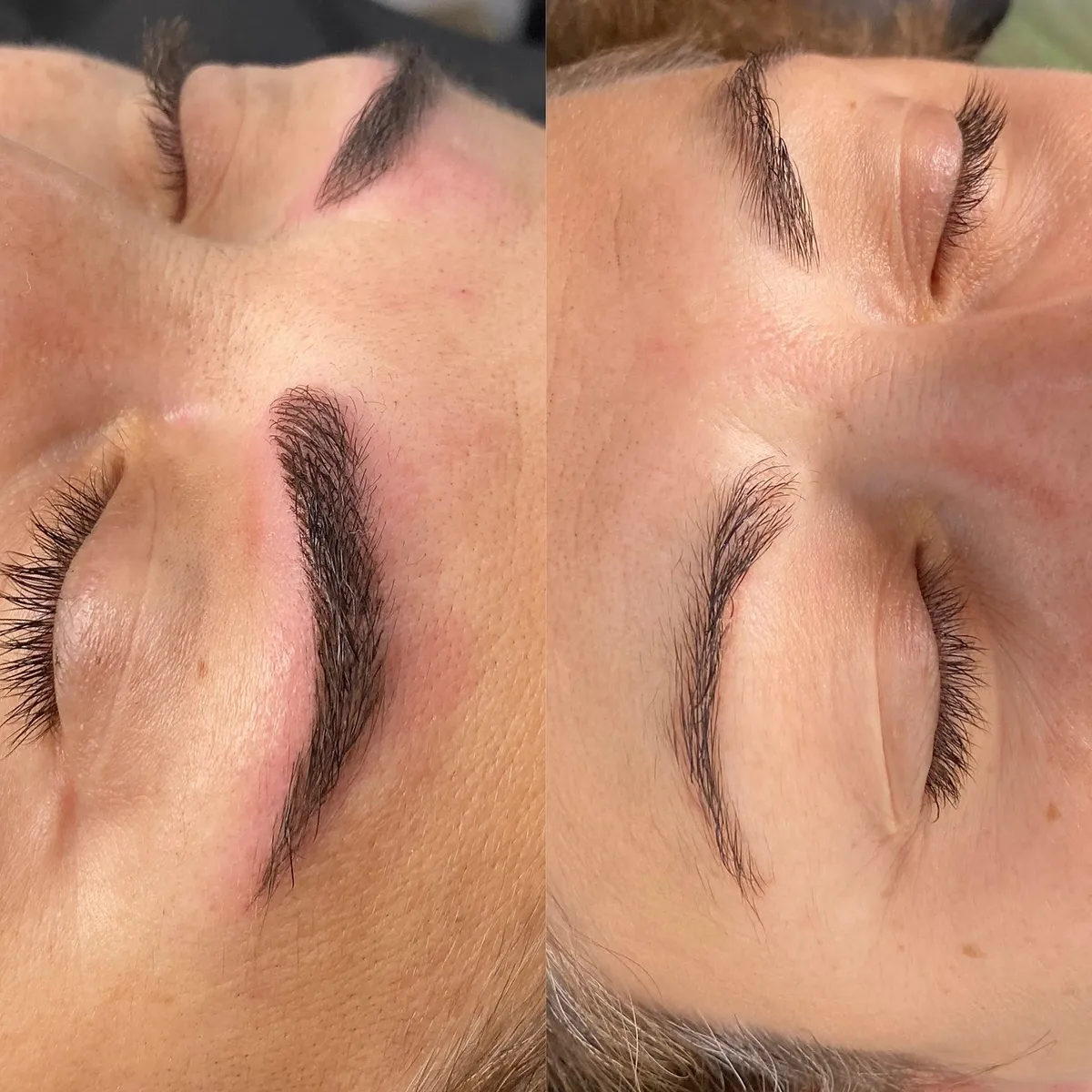 Dos cejas con microblading: a la izquierda recién hecha y enrojecida; a la derecha, sin rojez y con el trazo más suave